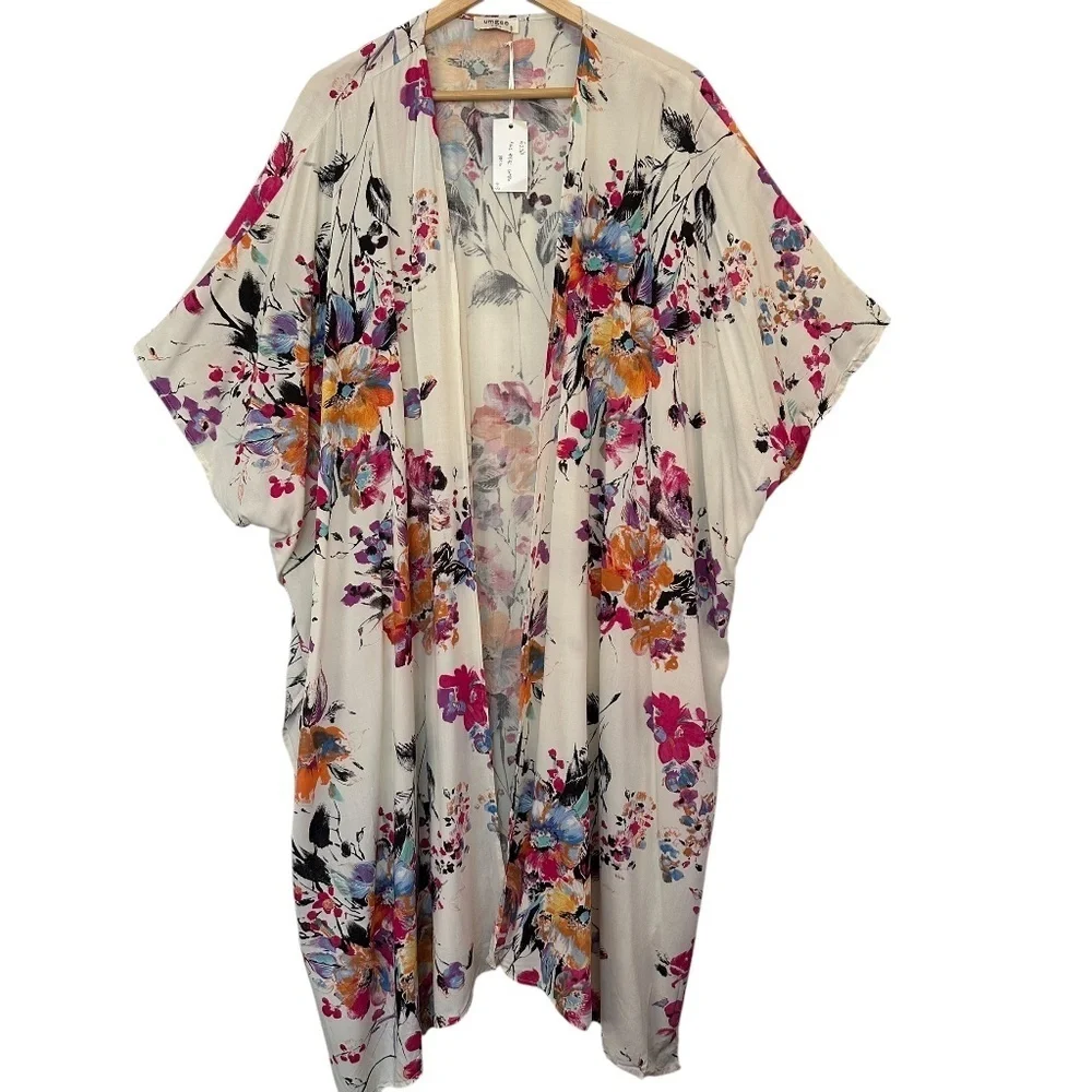 Umgee USA Floral Print Open Front Long Kimono Size L/XL Beach Vacation Boho